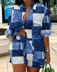 Plus Size Print Long Sleeve Shirt Two Piece Short Set GSRX-9060