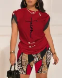 Plus Size Letter Print Short Sleeve Short Suit GSRX-9043