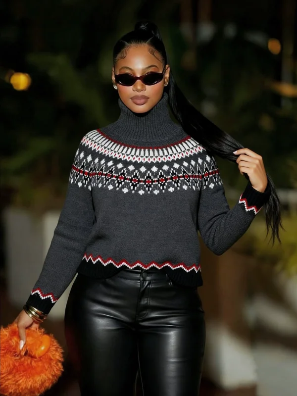 High-Neck Contrast-Color Knit Top Sweater ZSD-0348