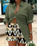 Plus Size Print Long Sleeve Shirt Two Piece Short Set GSRX-9060
