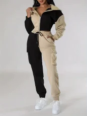 Contrast Color Patchwork Sport Hooded Two Piece Pants Set GWSF-383799773