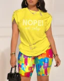 Plus Size Letter Print Short Sleeve Short Suit GSRX-9043