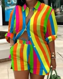 Plus Size Print Long Sleeve Shirt Two Piece Short Set GSRX-9060