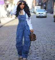 Plus Size Fashion Multi-pockets Denim Jumpsuit GAKF-A40304