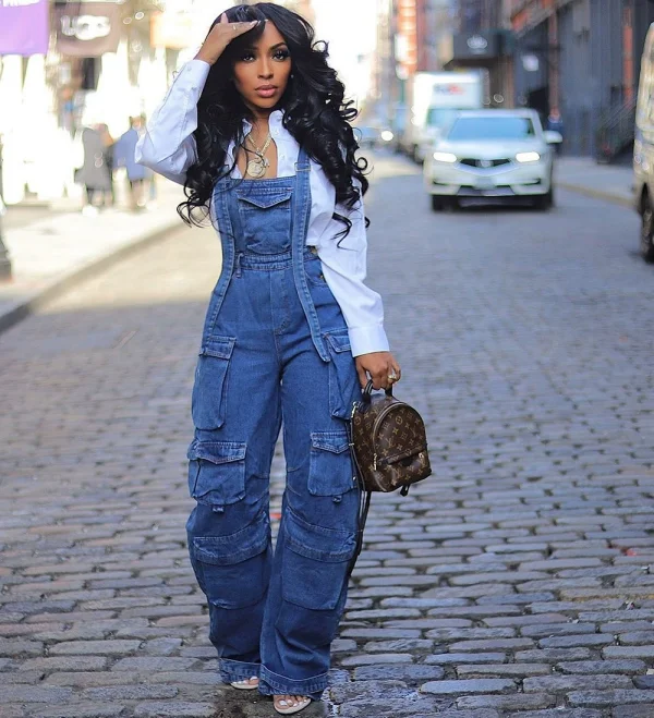 Plus Size Fashion Multi-pockets Denim Jumpsuit GAKF-A40304