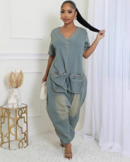 Short Sleeve Loose Denim Jumpsuit GAKF-A41015