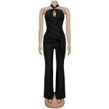 Solid Color Halterneck Tie Jumpsuit BY-7570