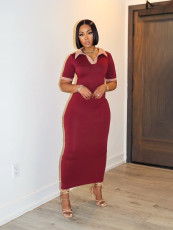 Short Sleeve Contrast Color Slim Long Dress BMF-TW628