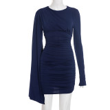 Solid Color Long Sleeve Pleated Mini Dress GSZM-D25DS472