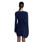Solid Color Long Sleeve Pleated Mini Dress GSZM-D25DS472