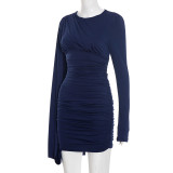 Solid Color Long Sleeve Pleated Mini Dress GSZM-D25DS472