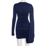 Solid Color Long Sleeve Pleated Mini Dress GSZM-D25DS472