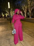 Solid Color Hooded Tie Up Two Piece Pants Set TK-6347