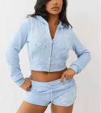 Letter Print Long Sleeve Hooded Shorts Suit GFCF-1416