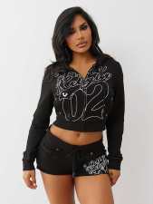 Letter Print Long Sleeve Hooded Shorts Suit GFCF-1416