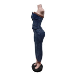 Fashion Denim Wrap Chest Two Piece Pants Set  MEM-88669