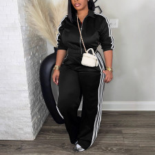 Plus Size Stripe Patchwork Zipper Two Piece Pants Set ZDF-33306