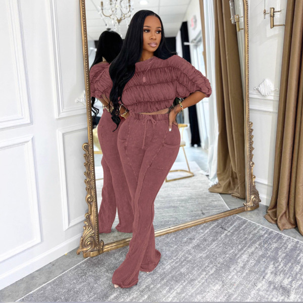 Pleated Long Sleeve Tops Micro Pant Suit GTYZ-7595