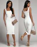 Solid Color U Neck Midi Dress GSZE-ST22037