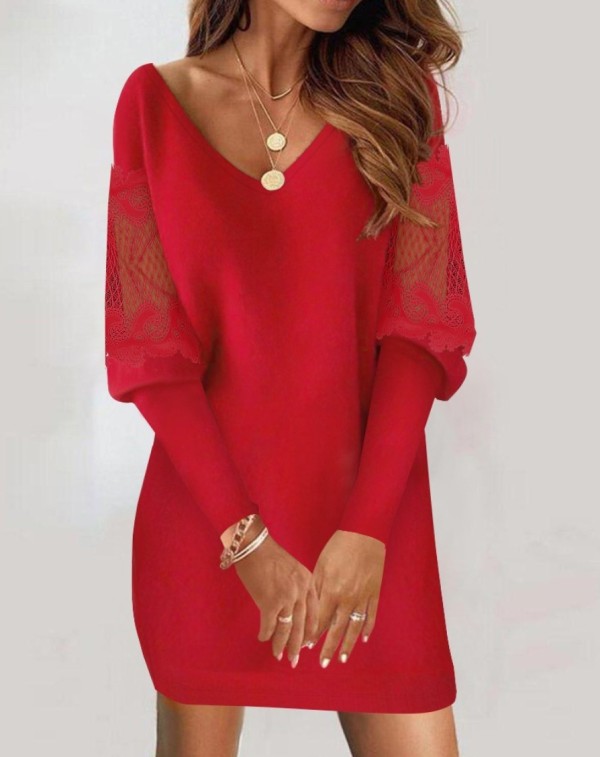 V Neck Long Sleeve Lace Patchwork Mini Dress GSZE-ST23336