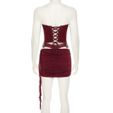 Leather Patchwork Ruched Skirt Suit GWEN-JWKT26438