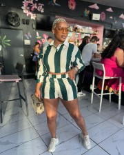 Stripe Long Sleeve 2 Piece Shorts Set GXKQ-SX0504