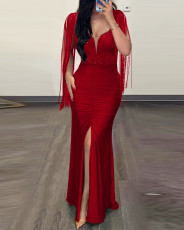 Tassel Sleeve Sequin Split Maxi Dress GXRF-QC088