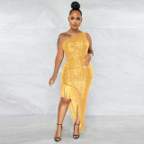 Single Shoulder Sequin Tassel Midi Dress GXRF-QC057