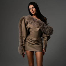 PU Leather Fur Patchwork Mini Dress XEF-K25D81955