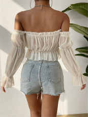 Off Shoulder Ruffles Chiffon Gathered Blouse GZYF-1012