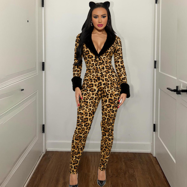 V Neck Fur Patchwork Jumpsuit GZJQ-K25Q84416