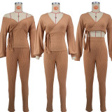 Solid Color Tie Up Two Piece Pants Suit XHXF-8729
