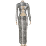 Snake Print Hollow Out Maxi Dress GSLF-K25D84255
