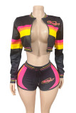 Zipper Contrast Color Two Piece Shorts Set GFCF-1407