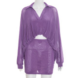 Sexy Solid Mesh Top Skirts Two Piece Set GSBD-J25ST355