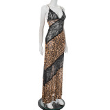 Leopard Print Patchwork Lace Maxi Dress GSBD-D25DS168
