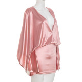 Sexy Loose Faux Silk V-neck Long Sleeve Bodycon Dress GSBD-D25DS394
