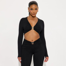 Sexy Metal Decoration Long Sleeve Top Pants Suit GSBD-J25ST342