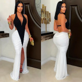 V Neck Contrast Color Split Maxi Dress BY-7573