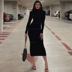 Solid Color High Collar Slim Long Dress GAXB-P0292DS