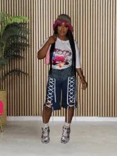  Ribbon-Tied Washed Denim Shorts BGN-360