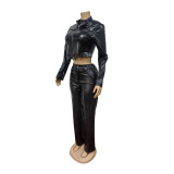 Casual PU Leather Two Piece Pant Set MEM-88674