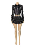 PU Leather Button Tops Two Piece Skirt Set CH-25105