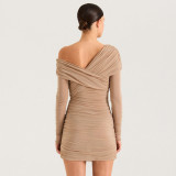 Slash Neck Mesh Ruched Mini Dress GAXB-D456DS