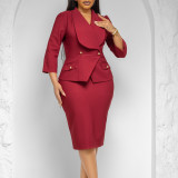 Plus Size Solid Color 3/4 Sleeve Midi Dress GATE-604
