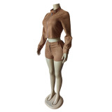 Solid Color Long Sleeve Velvet Short Set MEM-88673