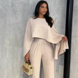 Irregular Slash Shoulder Tops Two Piece Pants Set GQZF-SH6585