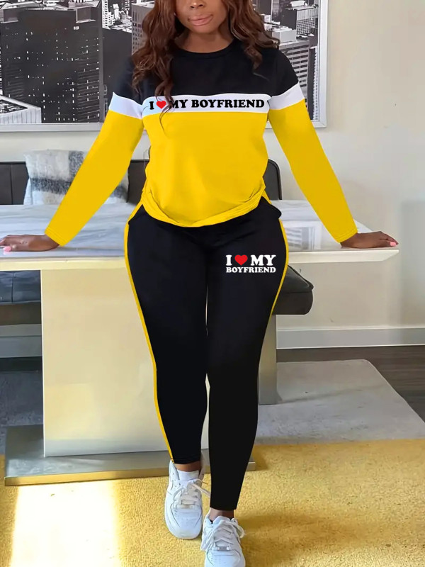 Letter Print Long Sleeve Two Piece Pants Set SHD-9933
