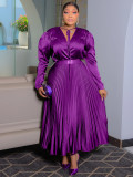 Plus Size Solid Color Tie Up Press Pleated Maxi Dress NNWF-8115
