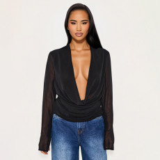 Deep V-Neck Chiffon Mesh Long-Sleeve Blouse MXBF-J25TP327